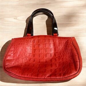 Red Faux Croc Leather Handbag Vintage Retro Bag Plastic Handles Glam Bold